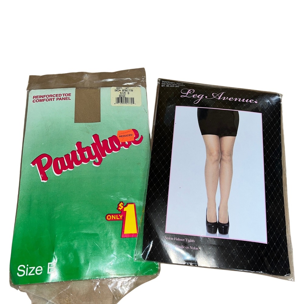 Lot of 2 Leg Avenue Pantyhose Nylon Fishnet Tights Beige Reinforced Toe Size B